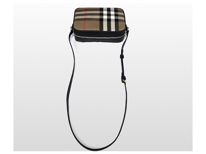 Burberry Borsa a tracolla piccola camera in pelle e tela Check Canvas Beige - vista 4