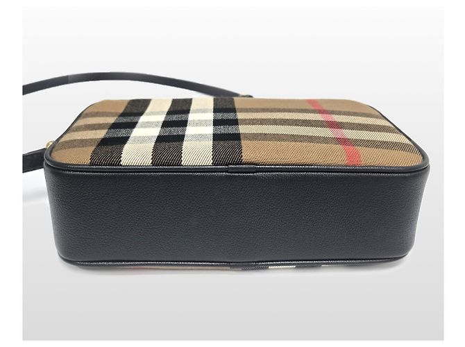 Burberry Borsa a tracolla piccola camera in pelle e tela Check Canvas Beige - vista 5