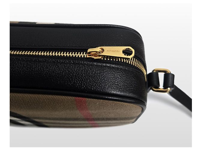 Burberry Borsa a tracolla piccola camera in pelle e tela Check Canvas Beige - vista 7