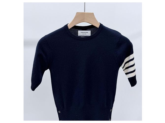 Thom Browne Kurzarm-Strickoberteil für Damen mit diagonalen Streifen Navy - Ansicht 2