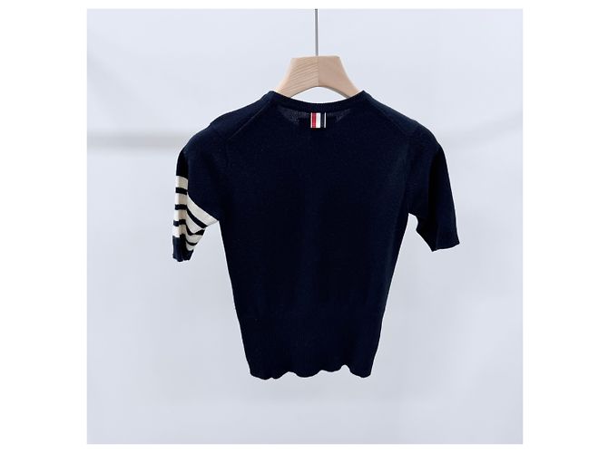 Thom Browne Kurzarm-Strickoberteil für Damen mit diagonalen Streifen Navy - Ansicht 4