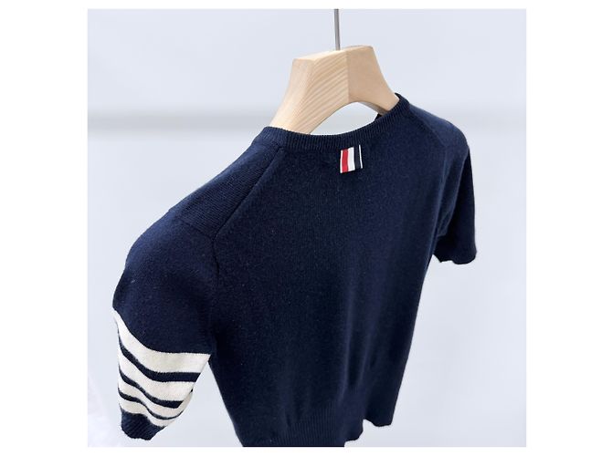Thom Browne Kurzarm-Strickoberteil für Damen mit diagonalen Streifen Navy - Ansicht 5