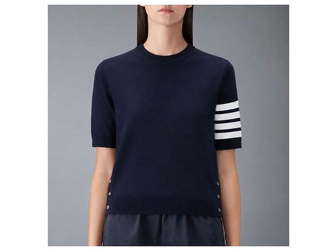 Thom Browne Kurzarm-Strickoberteil für Damen mit diagonalen Streifen Navy - Ansicht 7
