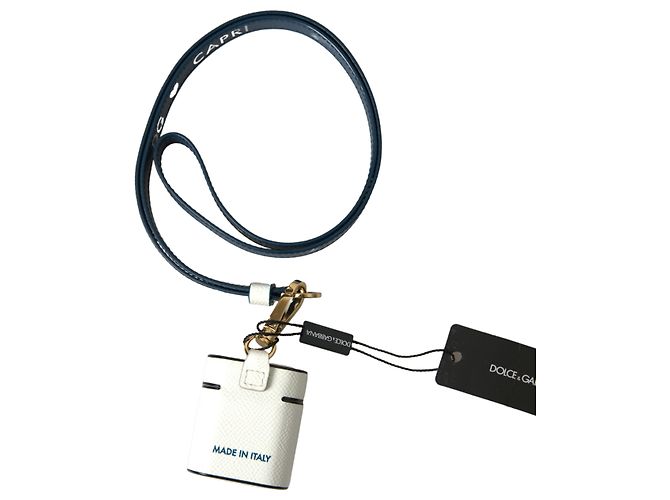 Dolce & Gabbana Capa para Airpods em couro de bezerro branco e azul com logo e alça - vista 2