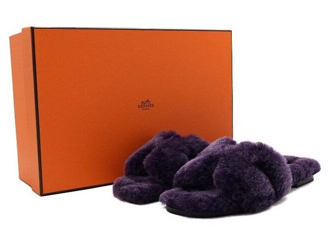 Hermès Sandali pantofole in shearling viola - vista 6
