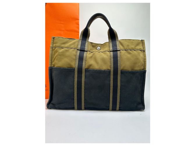 Borsa Tote Vintage Hermès Troca Canvas Fine anni 1990 Olive Black - vista 13
