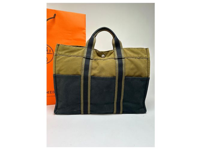 Borsa Tote Vintage Hermès Troca Canvas Fine anni 1990 Olive Black - vista 15