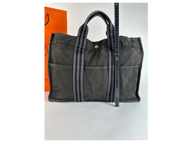 Tote vintage Hermès Canvas Nero Grigio Argento - vista 11