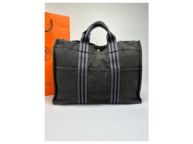 Tote vintage Hermès Canvas Nero Grigio Argento - vista 14