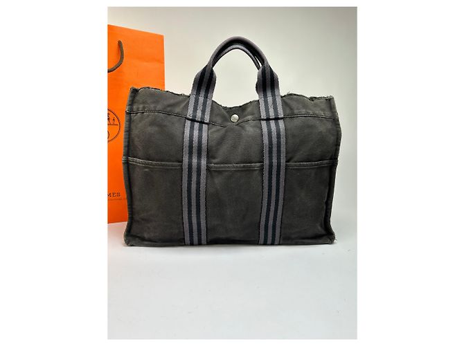 Tote vintage Hermès Canvas Nero Grigio Argento - vista 15