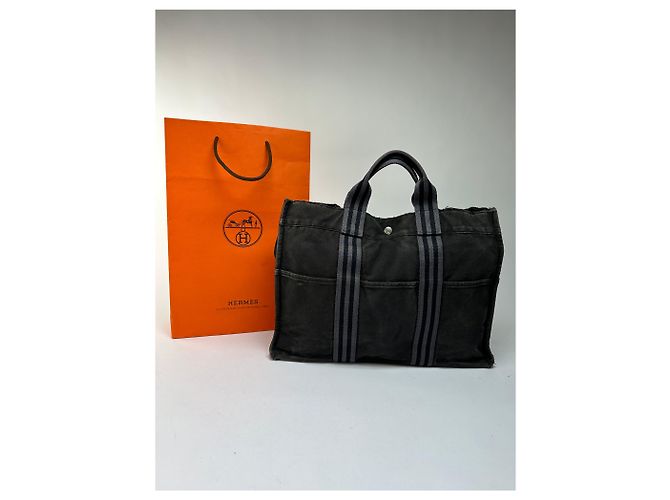 Tote vintage Hermès Canvas Nero Grigio Argento - vista 2