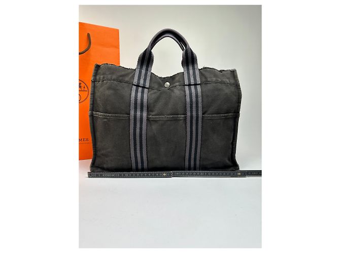 Tote vintage Hermès Canvas Nero Grigio Argento - vista 8