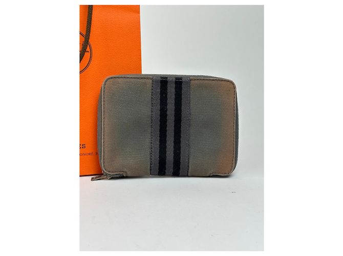 Vintage Hermès Canvas Zip Wallet Tan Grey Black Silver - Ansicht 11