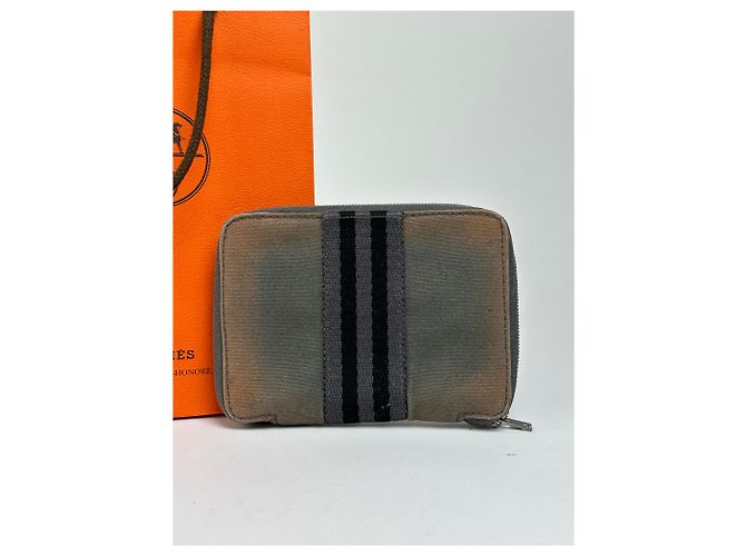Vintage Hermès Canvas Zip Wallet Tan Grey Black Silver - Ansicht 9