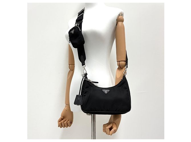 Prada Borsa Hobo Crossbody in Nylon Multi Tessuto Nera - vista 2