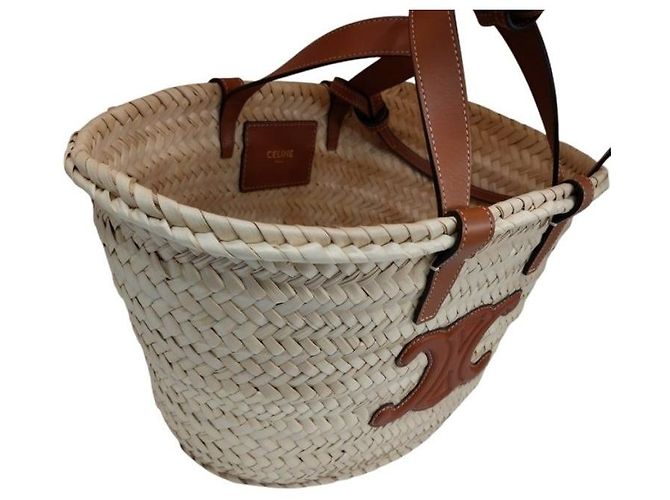 Céline Mini Panier Rattan Trionf Raffia Medium Classic Leaf Tote Bag Tan - vista 3