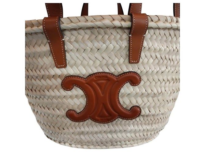 Céline Mini Panier Rattan Trionf Raffia Medium Classic Leaf Tote Bag Tan - vista 8