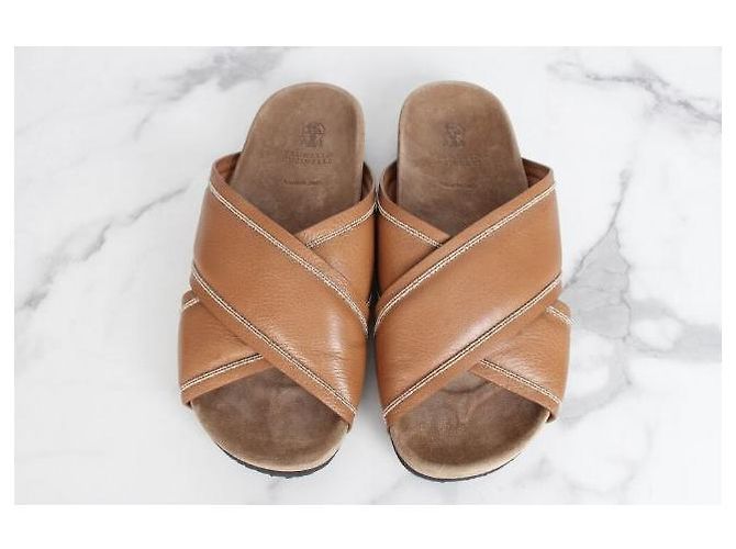 Brunello Cucinelli Pantofole in pelle marrone - vista 6