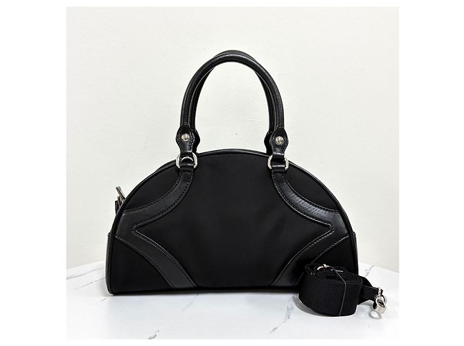Prada Borsa Tote Bowling in nylon con logo, borsa a tracolla nera - vista 6