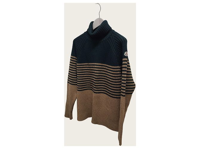 Moncler Strickpullover mit Rollkragen und Logo-Streifen in Green Beige - Ansicht 2