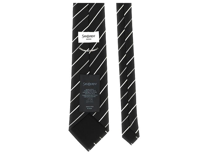 Autre Marque Cravatta Saint Laurent in seta jacquard nera a righe - vista 2