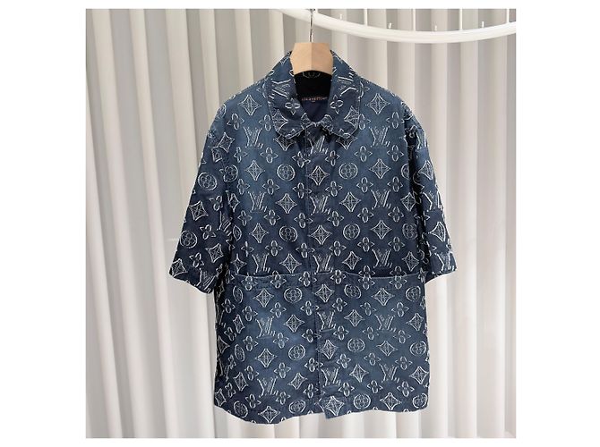 Louis Vuitton Giacca-camicia a maniche corte in denim chambray Monogram - vista 4