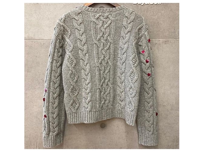 Valentino Grauer Wollpullover mit Zopfmuster und Paillettenherzen - Ansicht 2