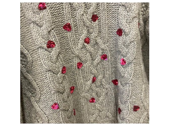 Valentino Grauer Wollpullover mit Zopfmuster und Paillettenherzen - Ansicht 3