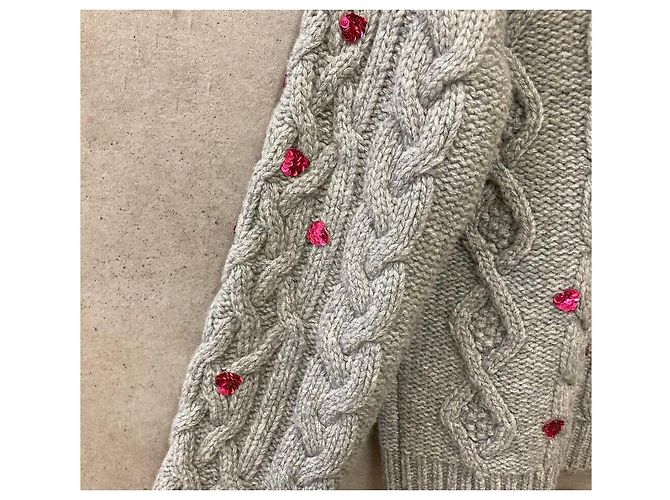 Valentino Grauer Wollpullover mit Zopfmuster und Paillettenherzen - Ansicht 4