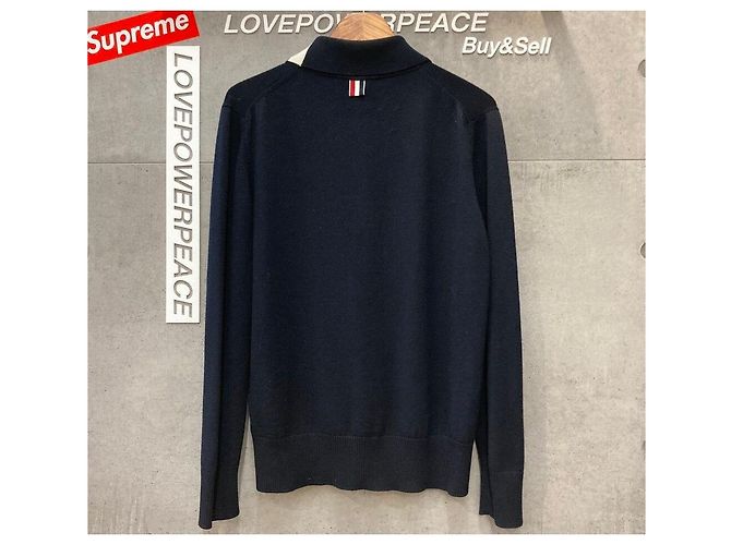 Thom Browne Diagonal Langarm-Strick mit Kragen in Navy - Ansicht 2