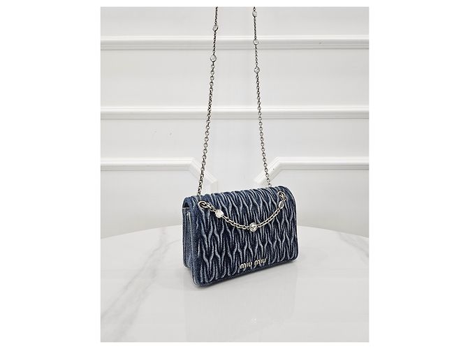 Miu Miu Borsa a spalla in denim matelassé con cristalli - vista 2