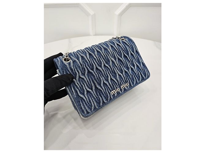 Miu Miu Borsa a spalla in denim matelassé con cristalli - vista 6