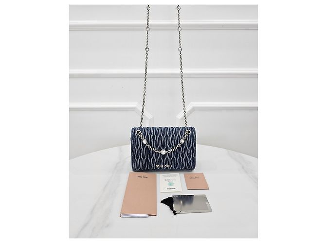 Miu Miu Borsa a spalla in denim matelassé con cristalli - vista 8