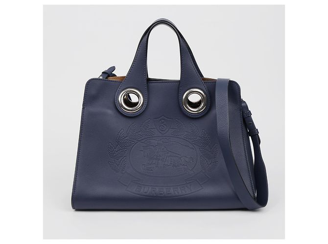 Burberry Borsa Tote in pelle blu navy con occhielli e stemma argento - vista 2