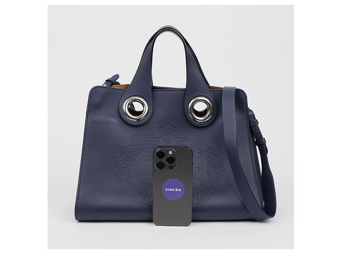 Burberry Borsa Tote in pelle blu navy con occhielli e stemma argento - vista 21