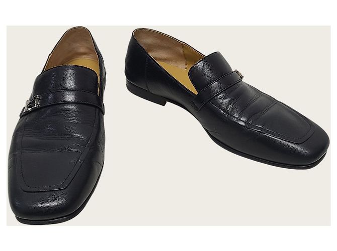 Hermès Mocassini Giobai in pelle di vitello nera con logo - vista 4