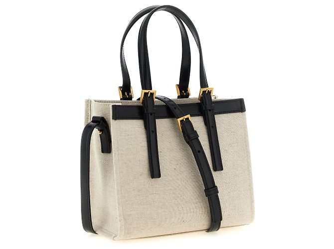 Mini borsa shopping Versace Rivière in lino beige - vista 2
