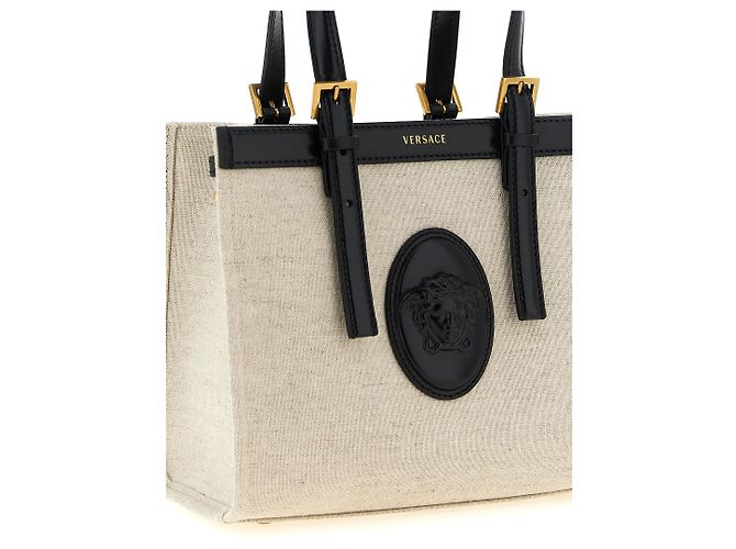 Mini borsa shopping Versace Rivière in lino beige - vista 3