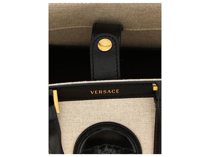 Mini borsa shopping Versace Rivière in lino beige - vista 4