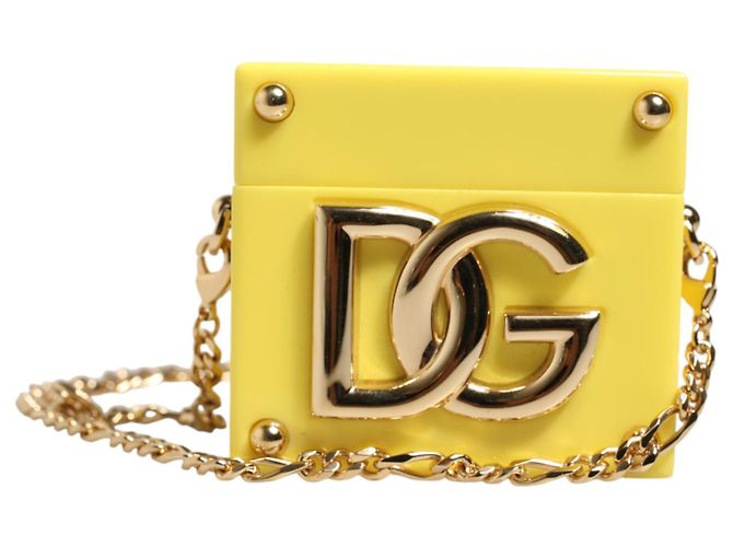 Dolce & Gabbana Custodia Airpods gialla con placca logo DG e catena dorata - vista 6