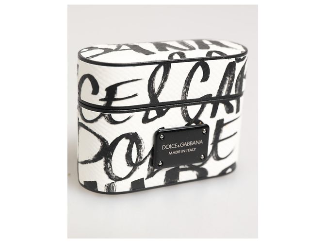 Dolce & Gabbana Custodia Airpods in pelle con logo e stampa monogramma bianco e nero - vista 2
