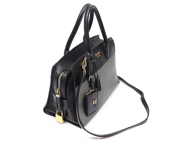 Prada Borsa Tote Esplanade in pelle di vitello Saffiano grigia e nera - vista 3