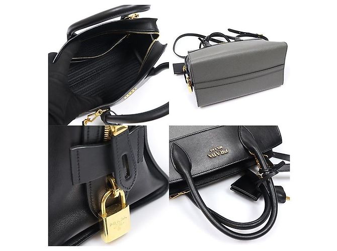 Prada Borsa Tote Esplanade in pelle di vitello Saffiano grigia e nera - vista 5