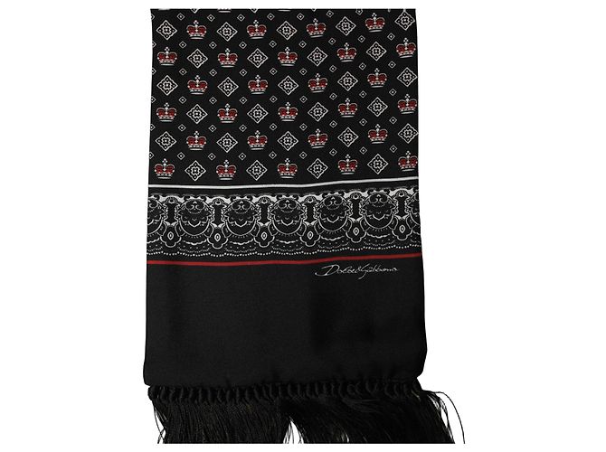 Dolce & Gabbana Sciarpa scialle in seta nera con frange Crown - vista 3