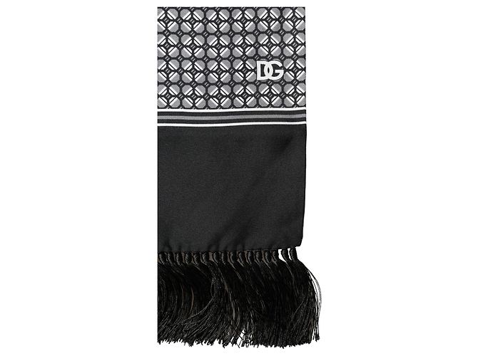 Dolce & Gabbana Foulard x Sciarpa in seta nera con motivi geometrici e frange - vista 2