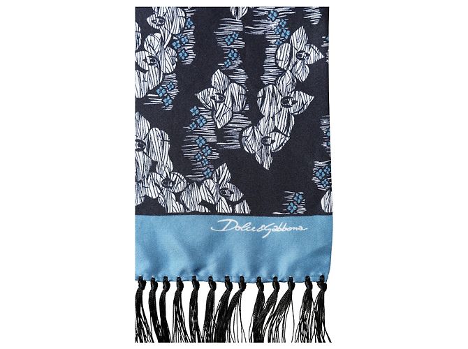Dolce & Gabbana Sciarpa in seta con motivo floreale nero e blu e frange - vista 5