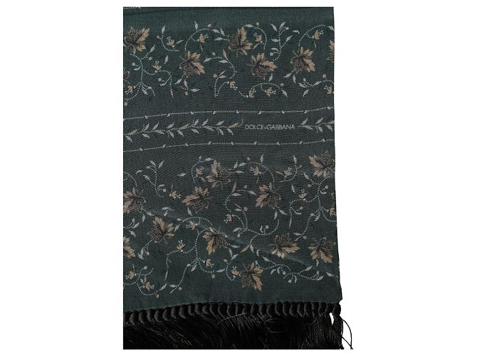 Dolce & Gabbana Sciarpa X in seta verde con motivo floreale e frange - vista 2