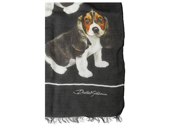 Dolce & Gabbana Sciarpa frangiata con stampa cane in lana modal nera - vista 2