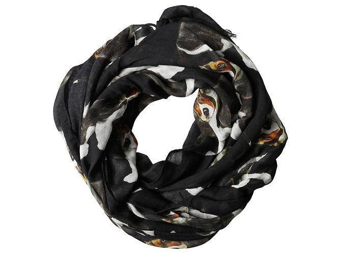 Dolce & Gabbana Sciarpa frangiata con stampa cane in lana modal nera - vista 3