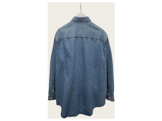 Balenciaga Giacca sovracamicia in denim azzurro con logo ricamato - vista 3